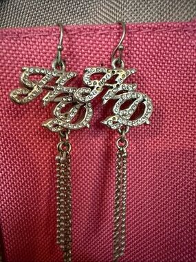 Rhinestone Script Dangle Earrings in Silver